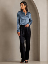 [Real Teal] SilkSilky  Long Sleeve Lapel Collar Women's Shirts 004