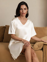 [Beige] SilkSilky  Half Sleeve V Neck Nightgown 006