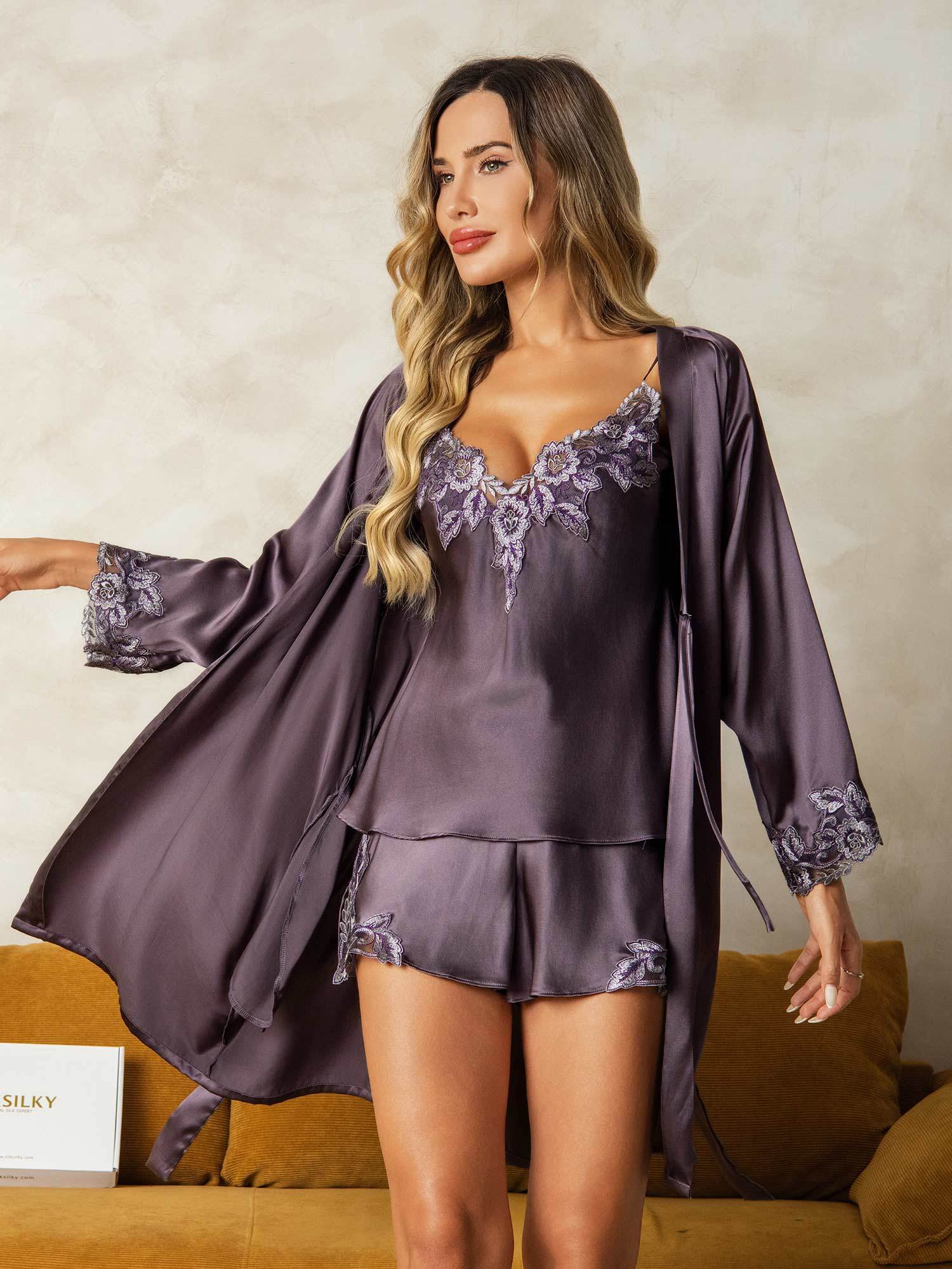 [Purple Gray] SilkSilky  Pure Silk 3/4 Sleeve V Neck Women's Pajamas 001