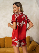 [Dark Red] SilkSilky  Short Sleeve Lapel Collar Women's Pajamas 002
