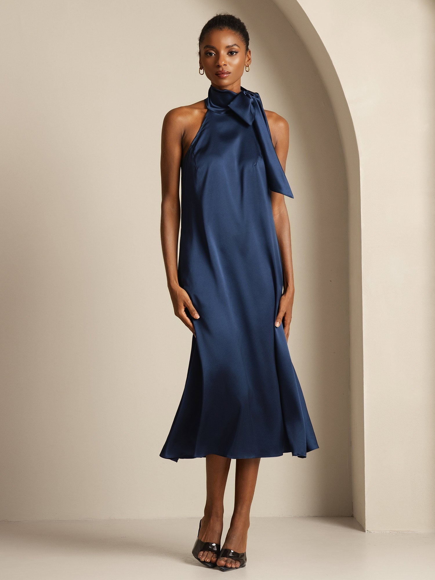 [Dark Blue] SilkSilky  Sleeveless Tie Neck Dress 001