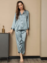 [Steel Blue] SilkSilky  Long Sleeve Lapel Collar Women's Pajamas 001