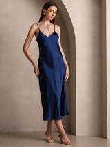 [Dark Blue] SilkSilky  Pure Silk Spaghetti Strap V Neck Dress 005