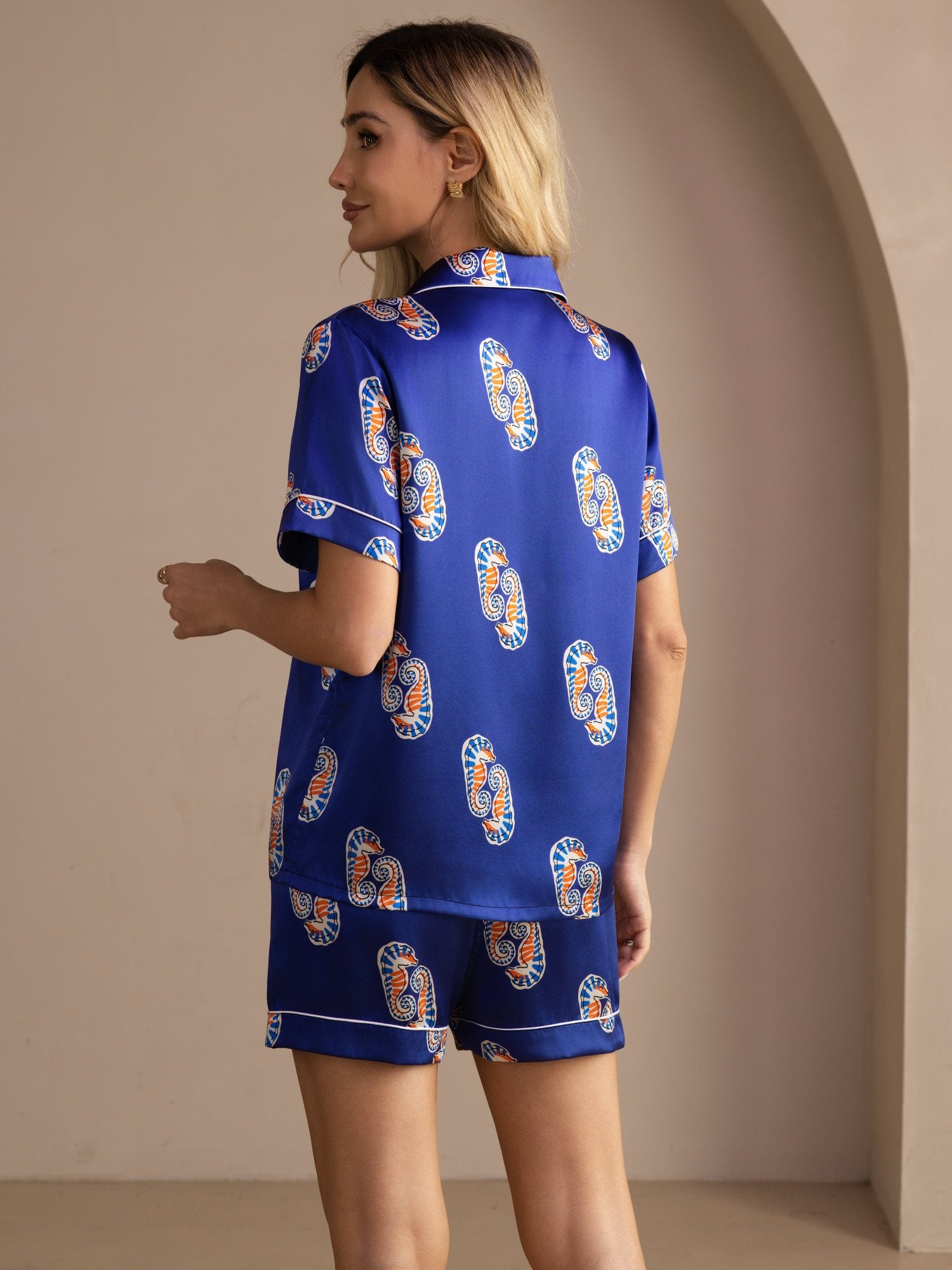 [Navy Seahorse] SilkSilky  Short Sleeve Lapel Collar Women's Pajamas 002