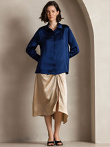 [Dark Blue] SilkSilky  Long Sleeve Lapel Collar Women's Shirts 004