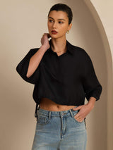 [Black] SilkSilky  18Momme Silk Satin Surah Half Sleeve Lapel Collar Blouse 003