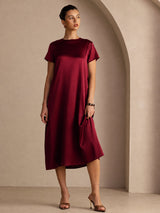 [Dark Red] SilkSilky  Short Sleeve Crew Neck Dress 001