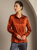 [Caramel] SilkSilky  19Momme Long Sleeve Lapel Collar Women's Shirt 001