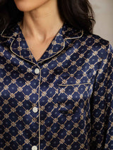 [Navy Chain] SilkSilky  Long Sleeve Lapel Collar Women's Pajamas 006