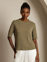 [Burnt Olive] SilkSilky  100% High-Twist Silk Jersey Half Sleeve Crew Neck Women's T-Shirt 001