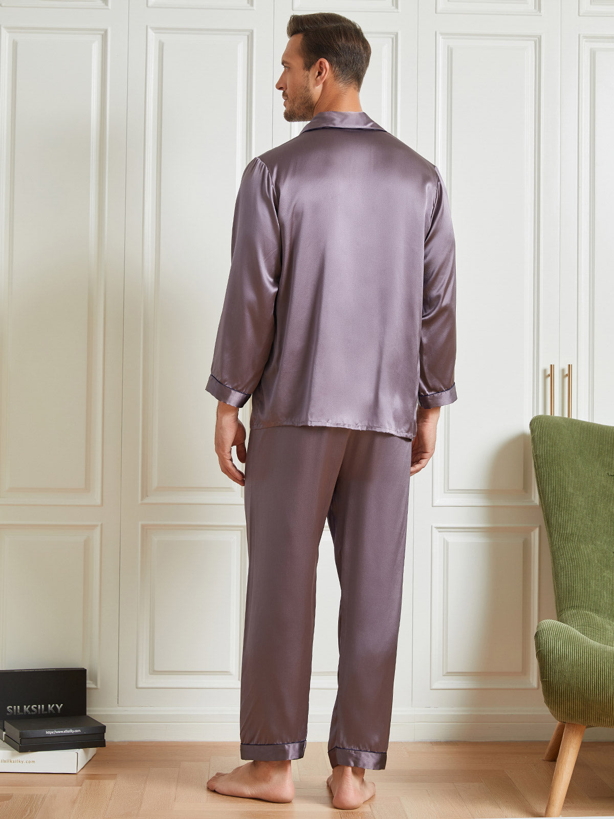 [Purple Gray] SilkSilky  Long Sleeve Lapel Collar Men's Pajamas 002