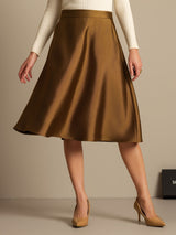 Camel silk-wool blend A-line midi skirt with high waist and flared hem