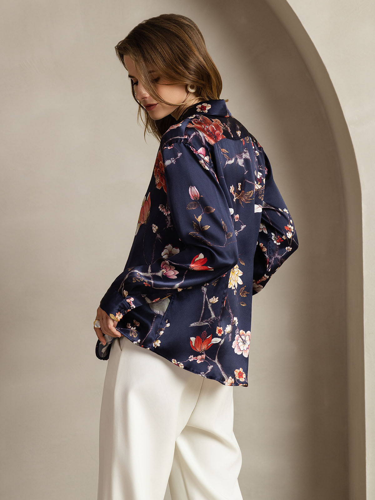 [Navy Floral] SilkSilky  Silk Long Sleeve Lapel Collar Women's Shirt 002
