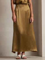 Gold silk A-line maxi skirt with side zip and matching satin top