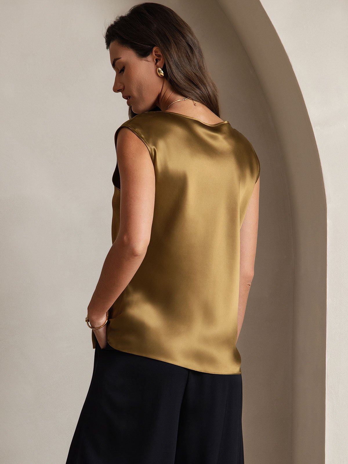 [Brown] SilkSilky  Cap Sleeve Round Neck Women's T-Shirt 002
