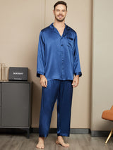 [Dark Blue] SilkSilky  Long Sleeve Lapel Collar Men's Pajamas 001