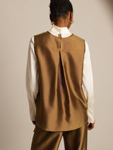 Back view of silk-wool blend women's vest with button-back closure in brown