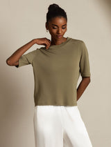 [Burnt Olive] SilkSilky  100% High-Twist Silk Jersey Half Sleeve Crew Neck Women's T-Shirt 008