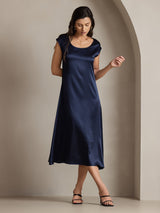 [Dark Blue] SilkSilky  19Momme Stretch Silk Charmeuse Cap Sleeve Scoop Neck Dress 006