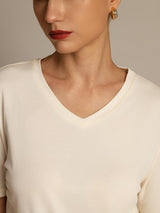 [Beige] SilkSilky  100% High-Twist Silk Jersey Short Sleeve V Neck Women's T-Shirt 003