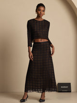 Black textured grid silk crop blouse and A-line long skirt set