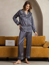[Navy Ginkgo] SilkSilky  Long Sleeve Lapel Collar Women's Pajamas 005