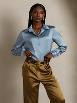 [Grayish Blue] SilkSilky  Long Sleeve Lapel Collar Women's Shirts 003