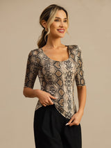 Women’s silk jersey scoop neck top with wild animal print and half sleeves