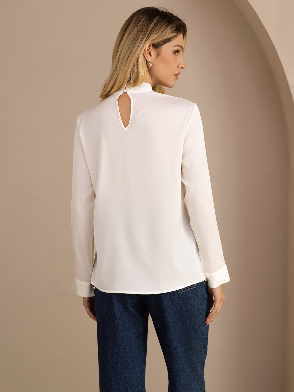 [White] SilkSilky Long Sleeve Stand Collar Women's Blouse 002
