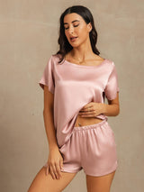 Pink silk short sleeve pajama set with round collar and elastic shorts