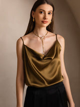 [Brown] SilkSilky  Spaghetti Strap Cowl Neck Camisole Top 003