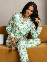 [Green Floral] SilkSilky  Long Sleeve Lapel Collar Women's Pajamas 006