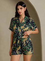 [Black Serval] SilkSilky Short Sleeve Notch Collar Women's Pajamas 004