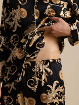 Men's black silk dragon print pajama set with gold baroque pattern, long-sleeve notch collar top