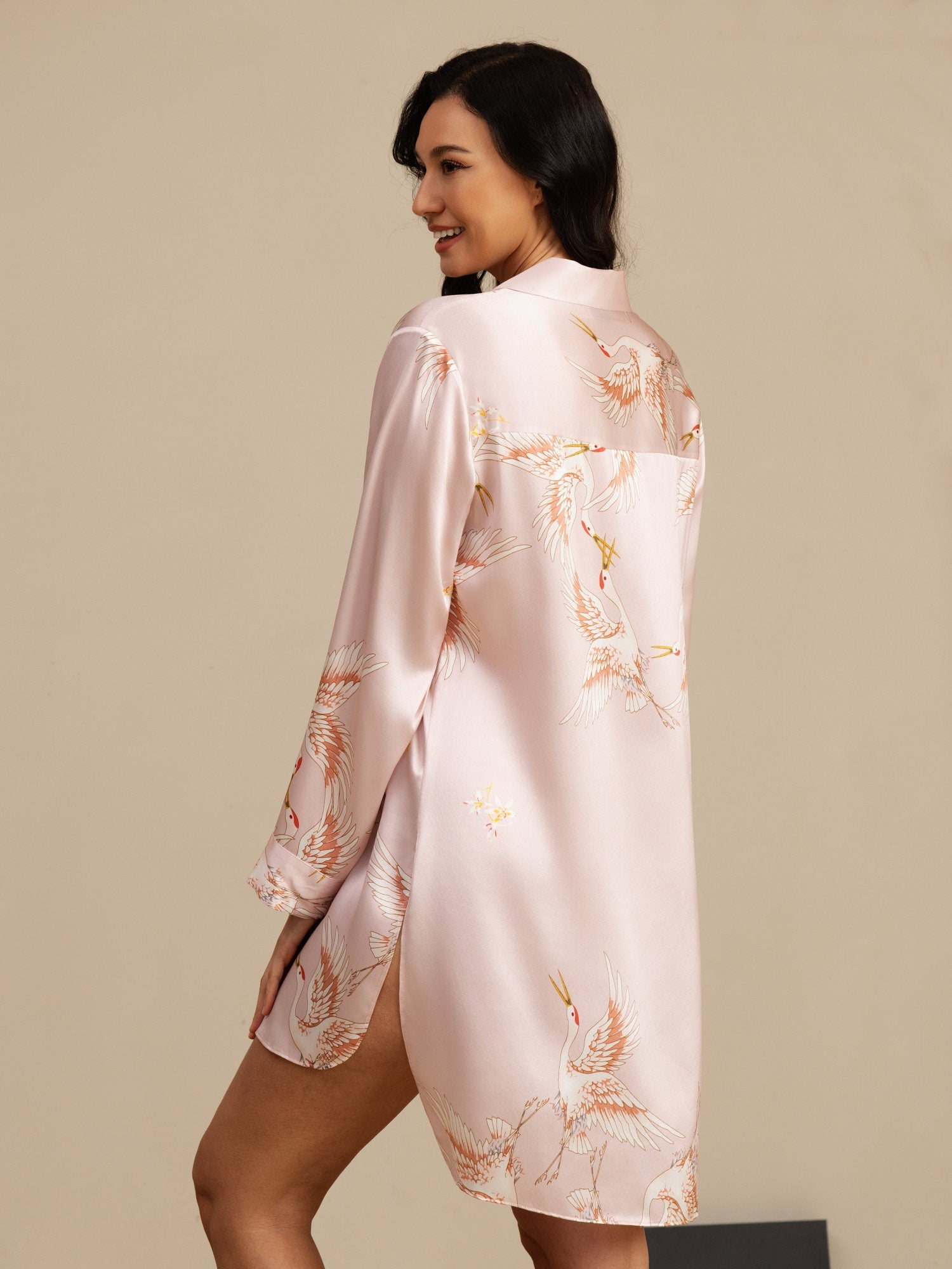 [Pink] SilkSilky  Long Sleeve Lapel Collar Nightshirt 002
