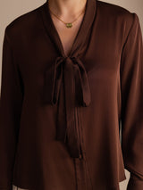 [Bitter Chocolate] SilkSilky Long Sleeve Tie Neck Women's Blouse 004