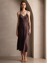 [Coffee] SilkSilky  Pure Silk Spaghetti Strap V Neck Dress 001