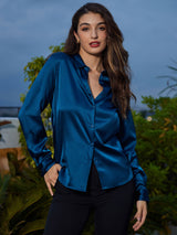 [Teal] SilkSilky  Long Sleeve Lapel Collar Women's Shirt 006