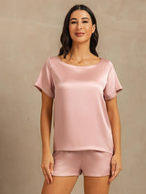 Pink silk short sleeve pajama set with round collar and shorts