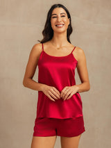 Red washable silk camisole and shorts set with adjustable straps