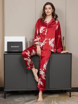 [Dark Red] SilkSilky  19Momme Long Sleeve Notch Collar Women's Pajamas 001