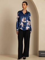 [Dark Blue] SilkSilky  Long Sleeve Lapel Collar Women's Shirt 008