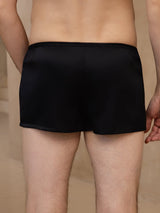 Black silk men's boxer briefs with mid-rise elastic waistband