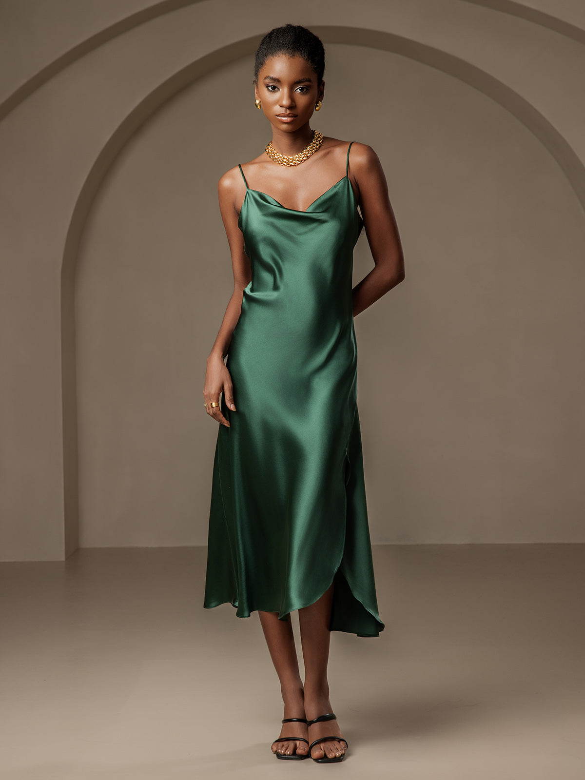 [Dark Green] SilkSilky  Spaghetti Strap Cowl Neck Dress 001