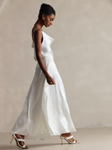 [White] SilkSilky  19Momme Stretch Silk Charmeuse Spaghetti Strap Cowl Neck Camisole Top 005