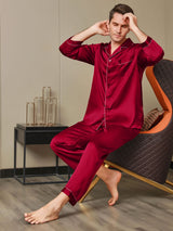 [Red] SilkSilky  Long Sleeve Lapel Collar Men's Pajamas 005