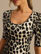 Pure silk women's half sleeve scoop neck wild animal print top in beige and black