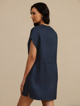 [Dark Blue] SilkSilky 18Momme Silk Satin Surah Cap Sleeve Henley Neck Dress 002