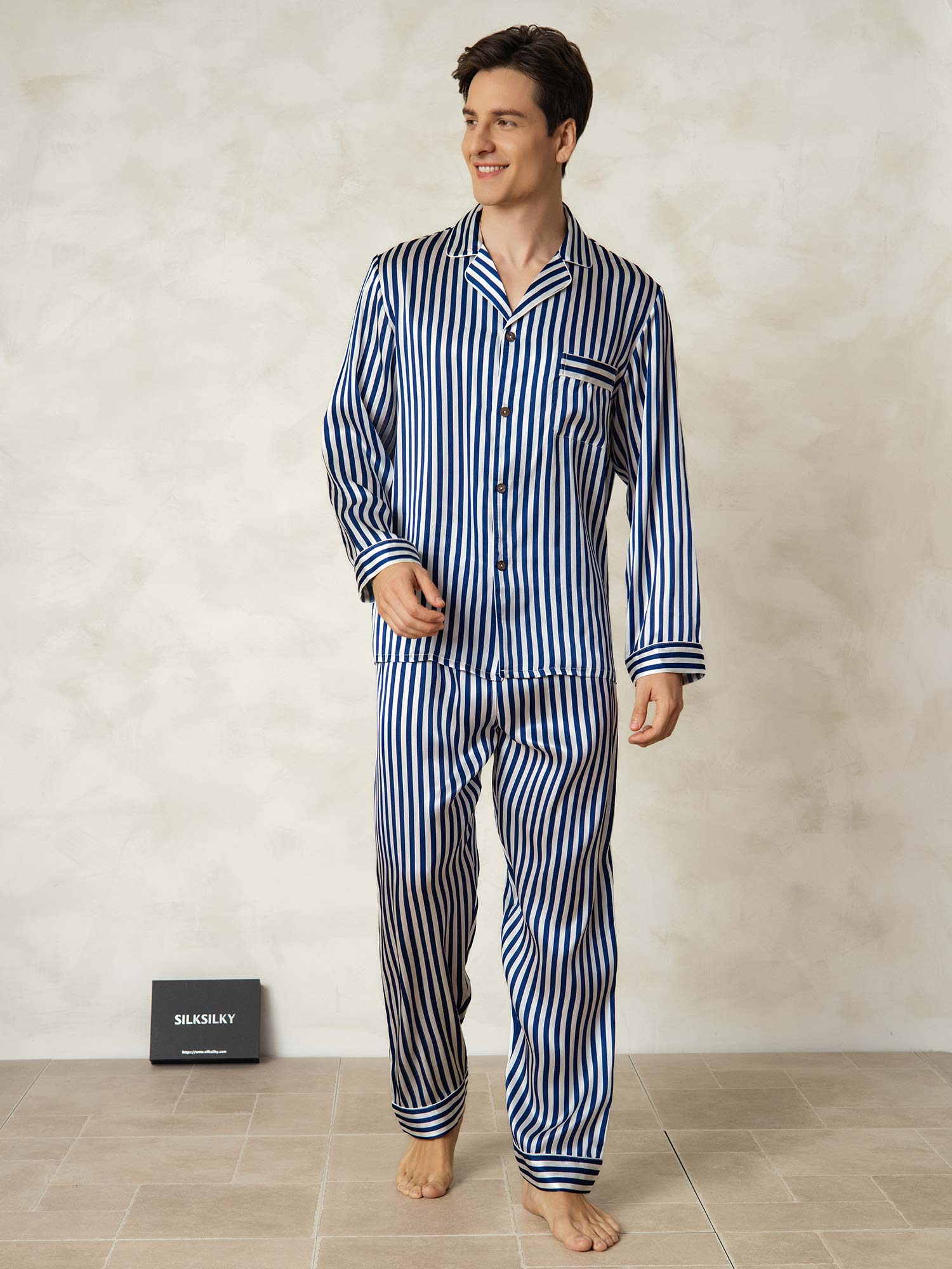 [Navy Stripe] SilkSilky  19Momme Pure Silk Mens Pajamas 001,