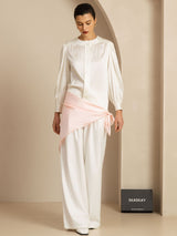 White silk outfit with pale pink 90x90cm square scarf, SilkSilky